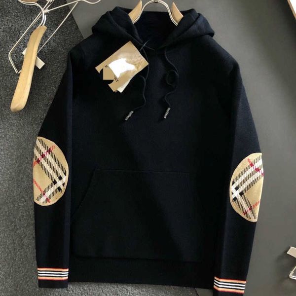 

autumn/winter new fashion bbr trend men's and women's wear hooded long-sleeved sweater original fabric plaid-print stitching hoodi, Black