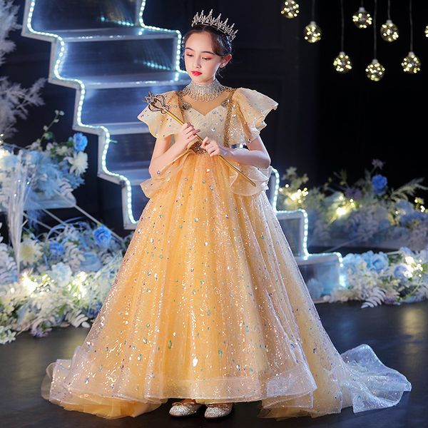 

glitter gold flower girl dresses sequin girl dress puffy princess pageant cute little baby gowns kid birthday wear first holy communion, White;blue