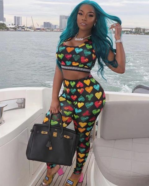 

women's two piece pants retro print suitable tracksuits young mini tank high waist long pencil skinny women 2 set, White
