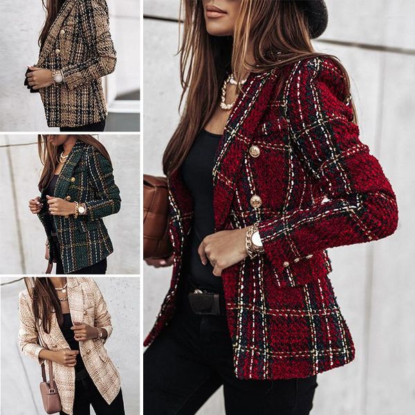

women's jackets slim blazer coat 4 colors double-breasted plaid shape long-sleeve women office spring autumn suit tweed jacket, Black;brown