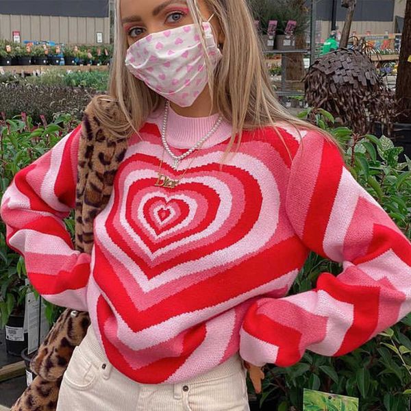 

women's knits tees y2k knitted sweater women aesthetics heart striped pullovers sweater girls sweet long sleeve round neckjumper autumn, White