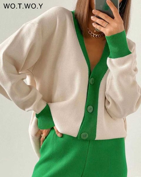 

women's knits tees wotwoy autumn loose spliced v-neck cardigans women oversized long sleeve y2k knitted sweaters female white casual f