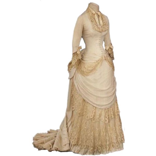 

vintage victorian bustle wedding dress scarlett civil war 1820s formal bridal gowns v-neck long sleeves lace appliqued reception robes de ma, White