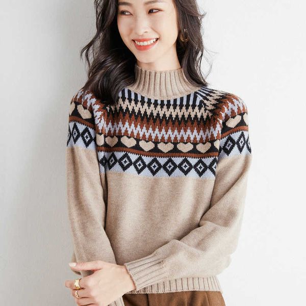 

women's knits tees fall winter women stand up collar vintage sweater argyle lazy loose warm chic jumper christmas knitted pullover 2022, White