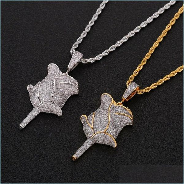 

pendant necklaces hip hop rose flower pendant necklace with rope chain iced out cubic zircon bling men jewelry 1005 b3 drop delivery dh1w3, Silver