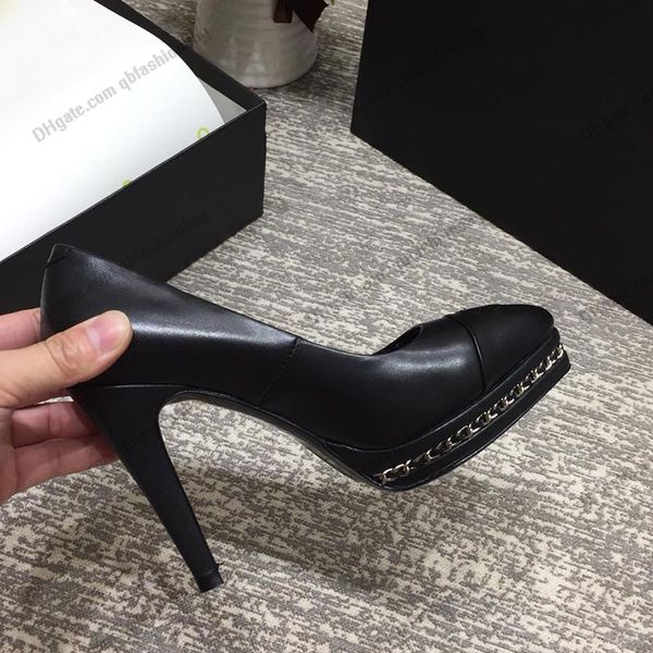 

fall 22ss pointed toes womens dress shoes sheepskin high heel 10cm designer slip-on loafers classic black fashion chain platform shoe for pa