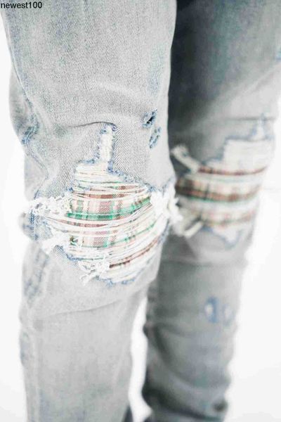 

men's designer jeans amirs plaid gradual change patch plaid distressed casual slim fit jeans, Blue