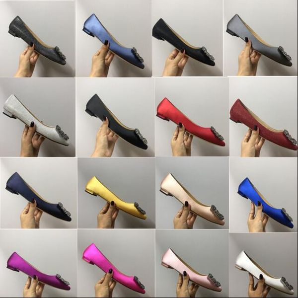 

designer wedding shoes classic snow buckle crystal pointed head satin flat shoes women silk yellow nude black green red dress brand pumps wi