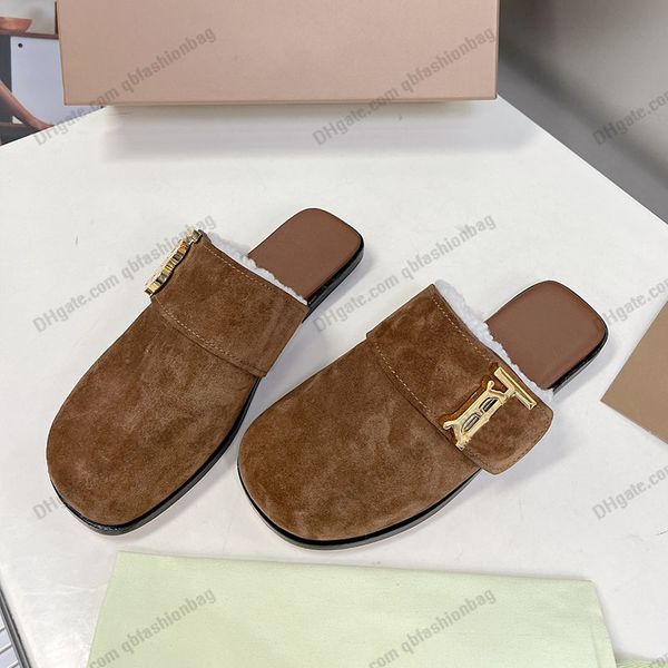 

slippers for womens designer suede wool hardware fur real leather outsole suede metal slide retro mules flip flops fashion 22ss f/w indoor l, Black