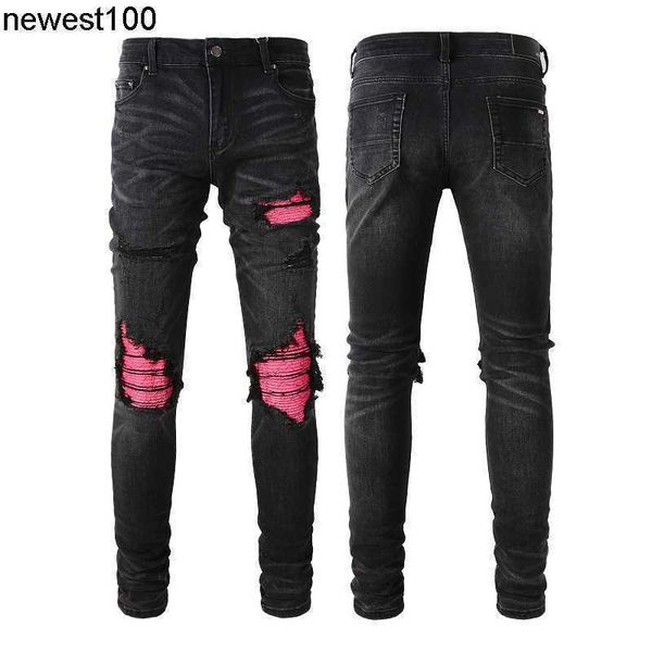 

men's jeans amirs designer fashion brand colorful elastic drill hole jeans men's european slim fit leggings, Blue