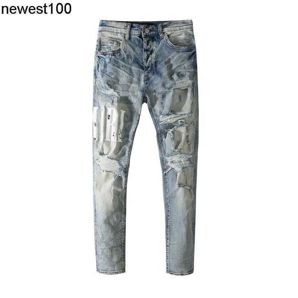 

men's designer jeans amirs blue cow holes to make old stickers leather letters slim skinny jeans men's fashion brand