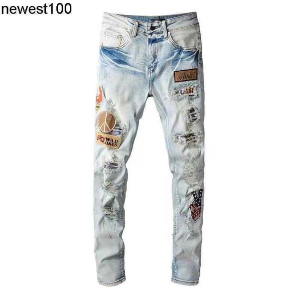 

designer men's jeans amirs old embroidered patch damaged jeans young men's light slim elastic leggings, Blue