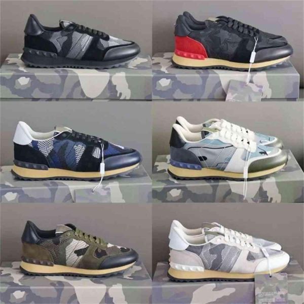 

2021 men stud rockrunner camouflage sneakers designer shoes fashion leather suede flats luxury rivet rockrunner valentinoes valentinoity lko, Black