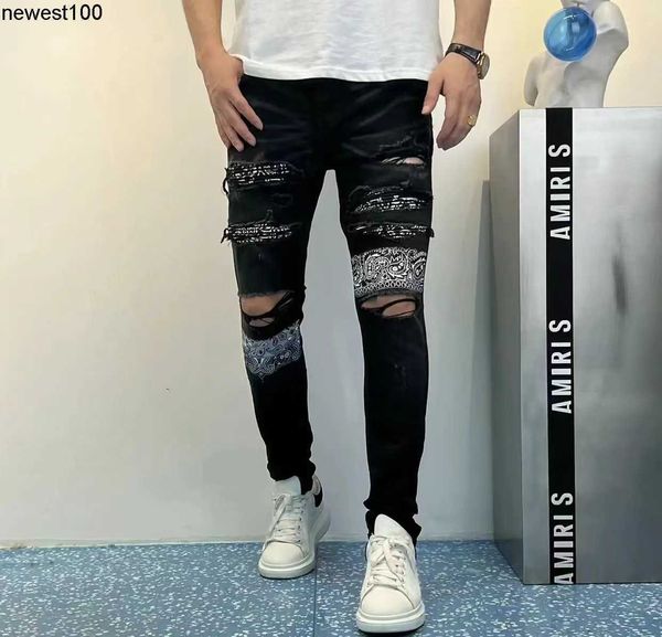 

men's jeans amirs designer trend patchwork hole washing pants casual slim jeans fashion, Blue