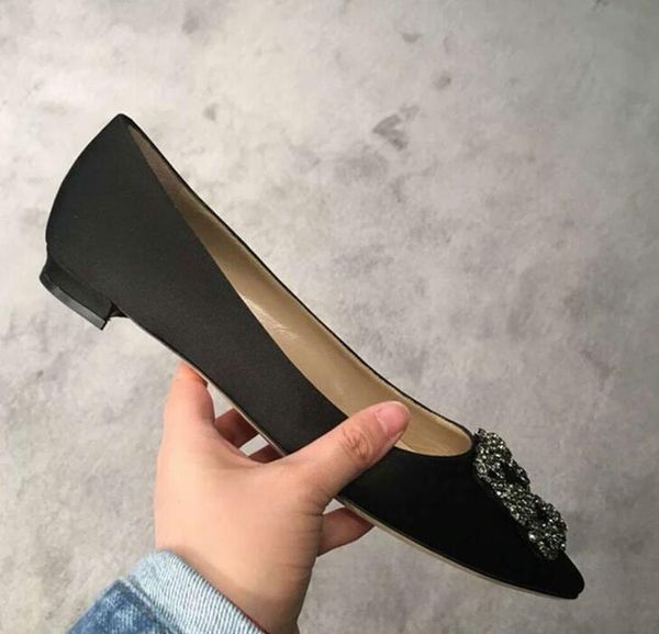 

snow buckle wedding shoes designer classic flat shoes crystal pointed head satin women silk yellow nude black green red rose dress brand pum