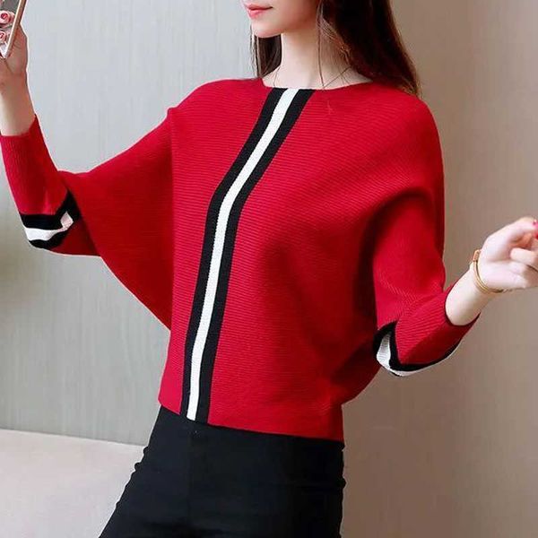 

women's knits tees batwing sleeve knitted all-match jumpers for women autumn winter fashion striped spliced solid loose sweaters female, White