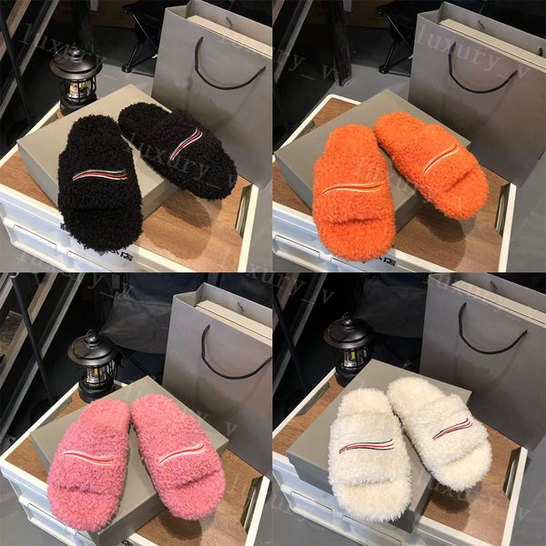 

designer women slippers luxury wool slippers ladies fur slides winter fluffy furry scuffs warm letters sandals comfortable fuzzy girl flip f, Black