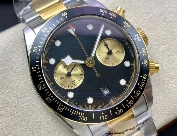 

men's mechanical watch 904l gold dial black ceramic rim 41mm multi-function super movement automatic winding sapphire mirror leisure lu, Slivery;brown