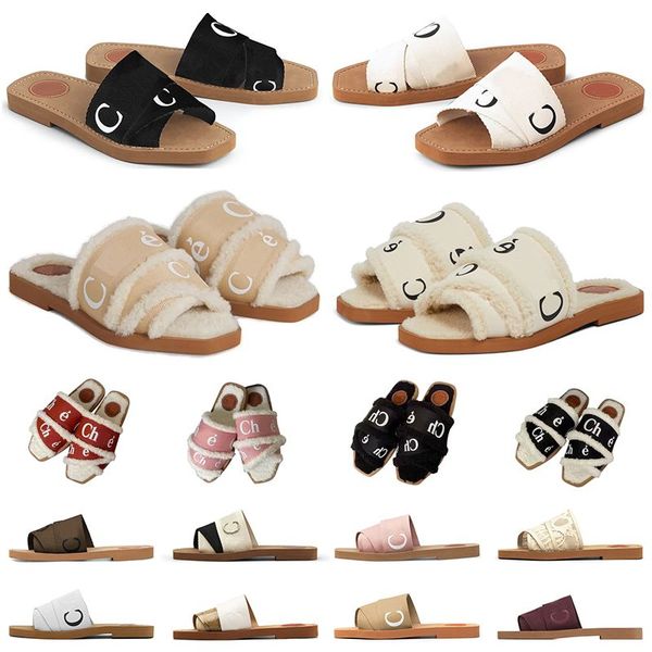 

men women slides sandals designer slippers woody flat mule in canvas shearling-lined white black grey pink olive fur mens summer sandal