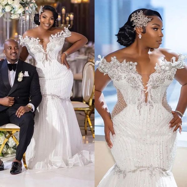 

vintage pearls mermaid wedding dresses boat neck beads short sleeve bridal gown plus size marriage floor length arabic aso ebi, White