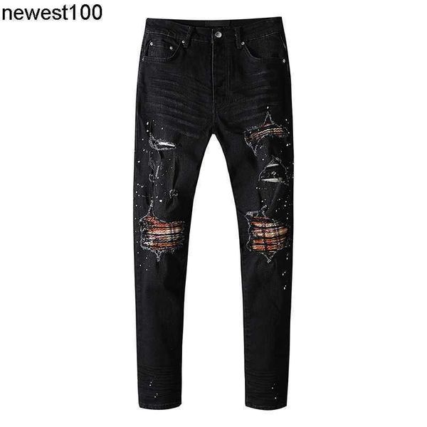 

designer men's jeans amirs casual worn out wash splash ink slim fit hole jeans men, Blue