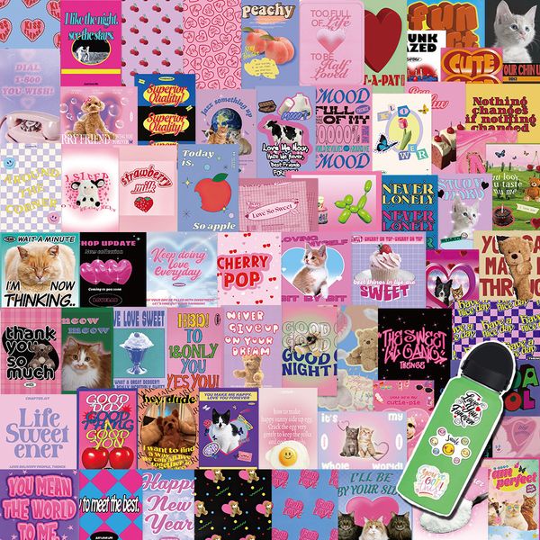 

65pcs aesthetic retro pink cat graffiti stickers pack for lapskateboard motorcycle decals