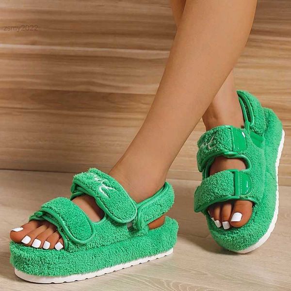 

2022 fur platform sandals women summer thick flat slides sandals girl fashion casual beach shoes ladies opentoe plus size shoes, Black