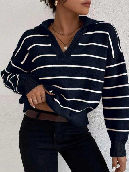 

women's knits tees women's knitted sweater pullovers for winter korean clothing sweater full sleeve lapel striped sweaters 2022 f, White