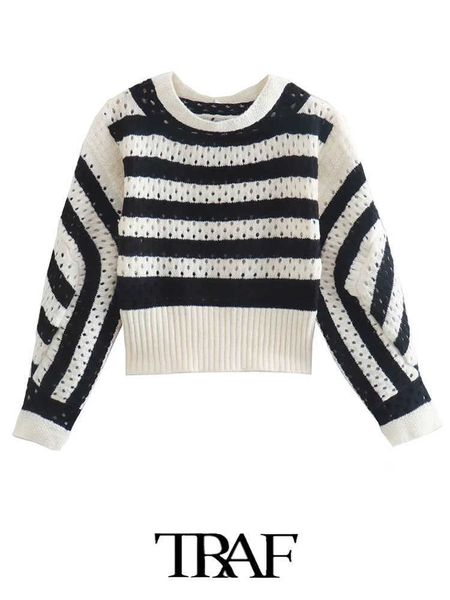 

women's knits tees traf 2022 spring women black and white knitted cutout sweater new single breasted v-neck long sleeve casual pullover
