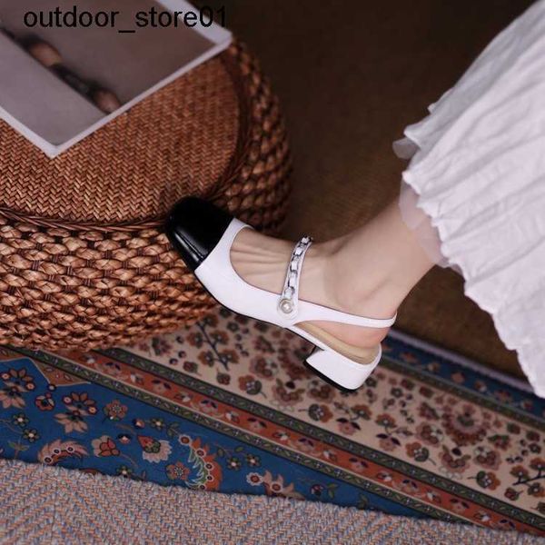 

designer miu sandals mary jane sandal baotou leather splice metal buckle back hollow medium heel women shoes, Black