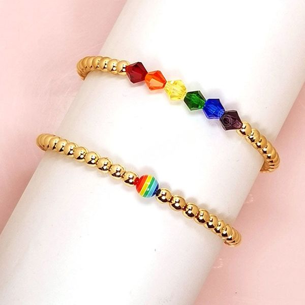 

fashion rainbow beaded bracelets for women men handmade elastic adjustable bracelet couple friendship pride gay jewelry gifts, Golden;silver