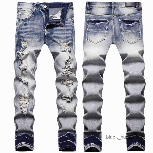 

men's jeans amirs designer ripped stretch jeans light color two color casual slim denim small foot stretch trousers, Blue