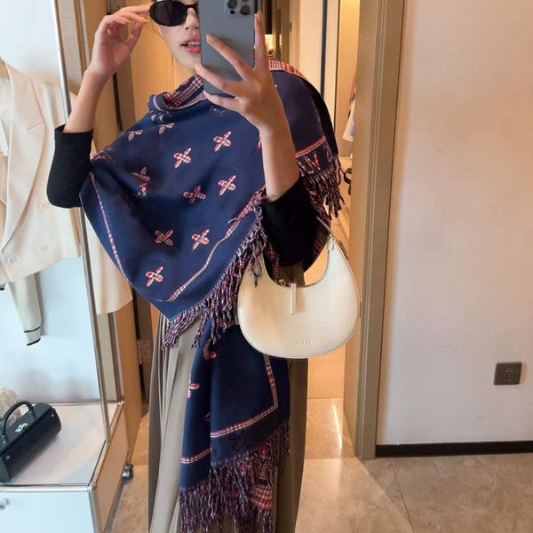 

2022 luxury brand v scarf winter warm cashmere women long pashmina foulard female scarves lady tassel shawl wraps design new, Blue;gray