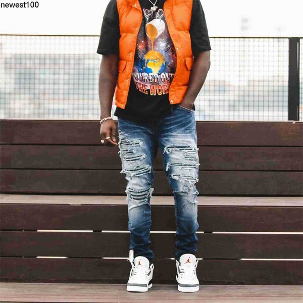 

men's designer jeans trend amirs men's wear pierced jeans color slim fit jeans small leg motorcycle pants, Blue
