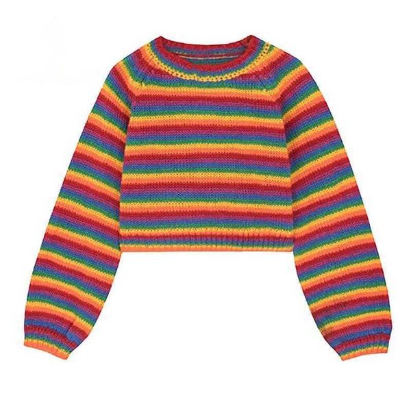 

women's knits tees women colorful striped rainbow knitted sweater 2021 autumn winter korean style casual long sleeve pullover female cr, White
