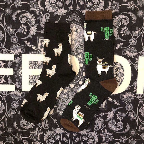 

men's socks crew cotton socks cactus vicugna vicuna peru pony alpaca alpacas llamas lama alpacos official original design fashion sox t, Black
