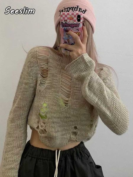 

women's knits tees seeslim hollow out sweater women knitted long sleeve pullovers broken hole y2k see thought crop fairycore smock aut, White
