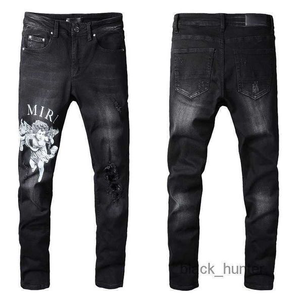 

men's jeans amirs designer fashion brand letter angel pattern denim casual pants micro elastic cotton youth black tight jeans, Blue