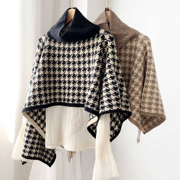 

women's knits tees winter turtleneck sweater knitted capes cloak women batwing sleeve casual plaid pullover poncho sweaters designer cr, White