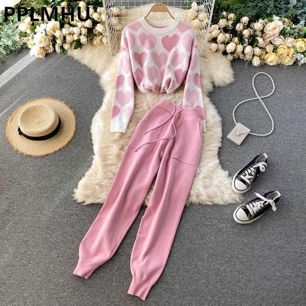

women's two piece pants knit love pinted 2 piece sets fall winter outfits women pearl beading long sleeve sweater harem pant suits kor, White