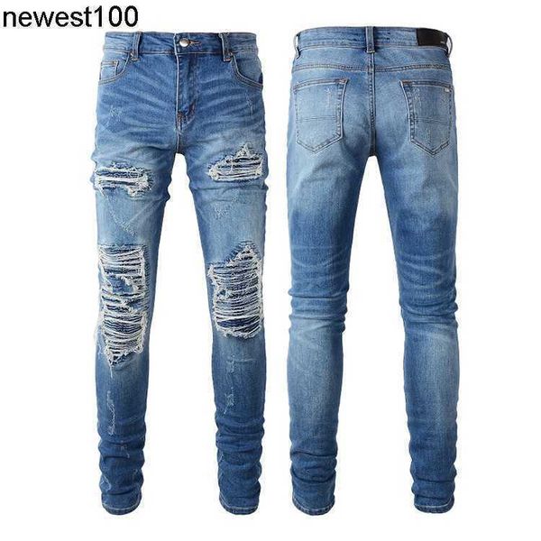 

men's designer jeans amirs slim fit fashion brand frayed hole jeans patch beggar jeans male, Blue