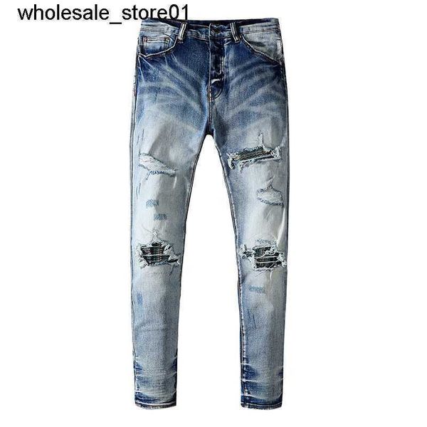 

new men's jeans designer amirs style jeans youth elastic slim fit hole patch fashion brand streetwear jeans pants, Blue