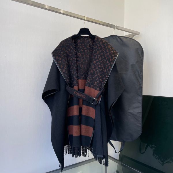

2022 elegant tassels loose cape coat with letter belt autumn winter patchwork hooded overcoat parka, Black