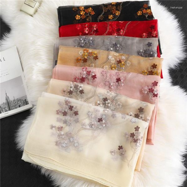 

scarves silk wool scarf cherry blossom embroidered women fashion shawls and wraps lady travel pashmina winter neck, Blue;gray