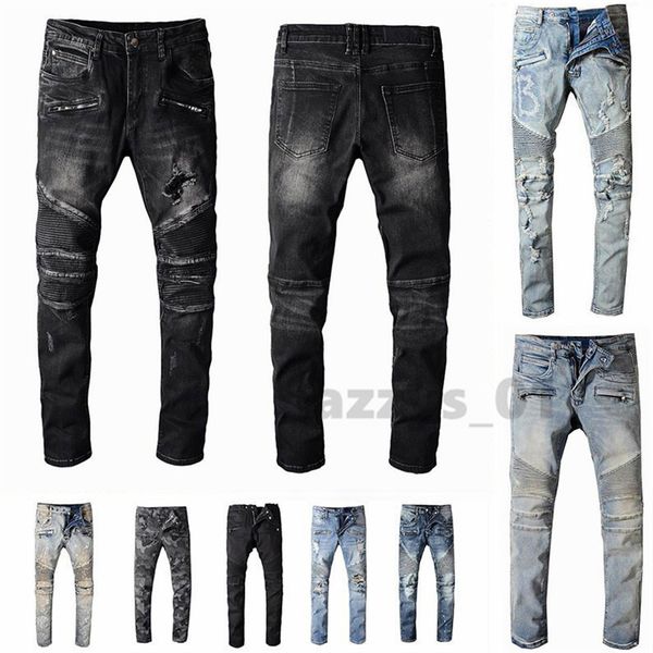 

mens designer jeans distressed ripped biker slim fit motorcycle bikers denim for men s fashion mans black pants pour hommes, Blue