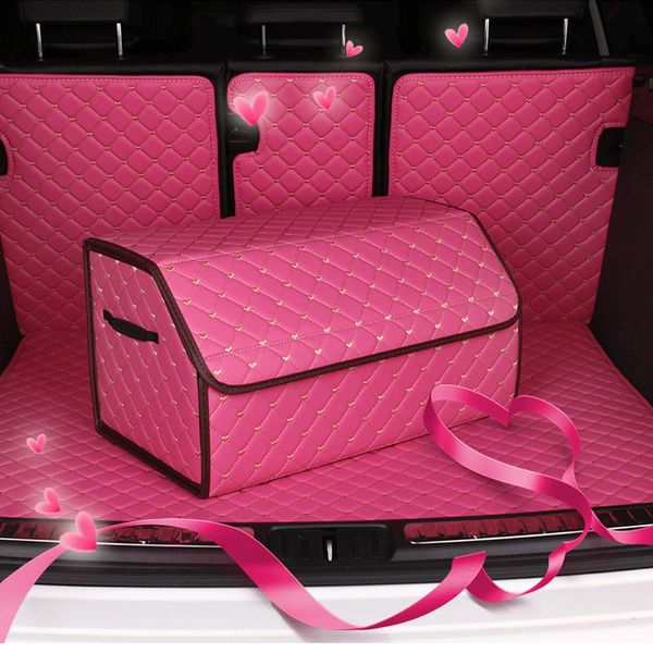 

purple luxury leather car storage bag trunk organizer box folding high capacity multi-use woman auto waterproof universal accessorie