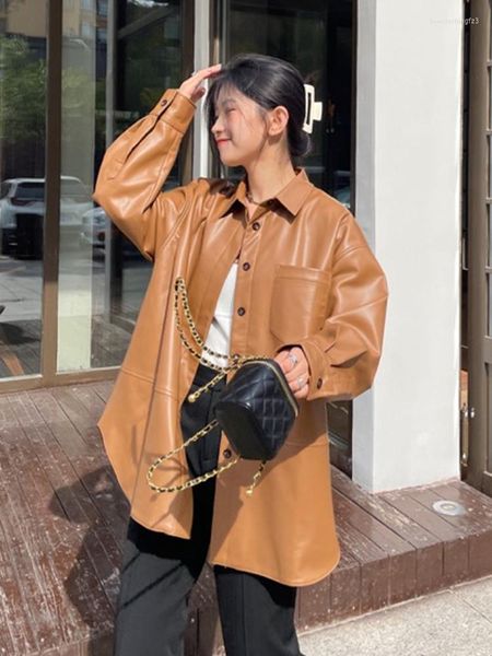

women's jackets pu leather coats for women lapel long sleeve patchwork pocket minimalist high street female autumn clothing, Black;brown