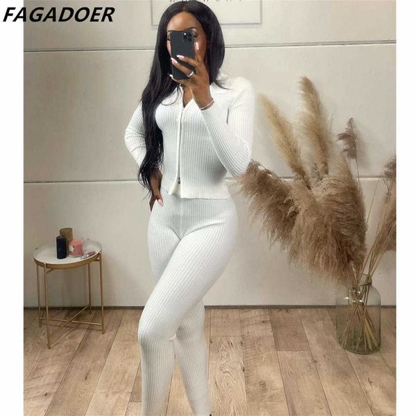 

women's two piece pants fagadoer fall winter ribbing pants two piece sets women outfits casual solid zipper long sleeve and skinny pant, White