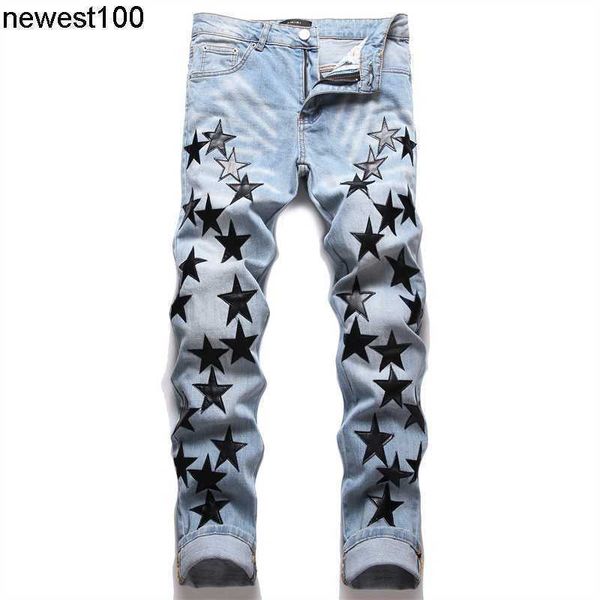 

men's jeans amirs designer slim fit elastic embroidered jeans men's five pointed star cat whisker worn hole jeans pants, Blue
