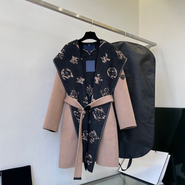 

2022 women's cape runway designer winter khaki color hooded jacket elegant ladies long sleeve belt oversize long coats outwear, Black